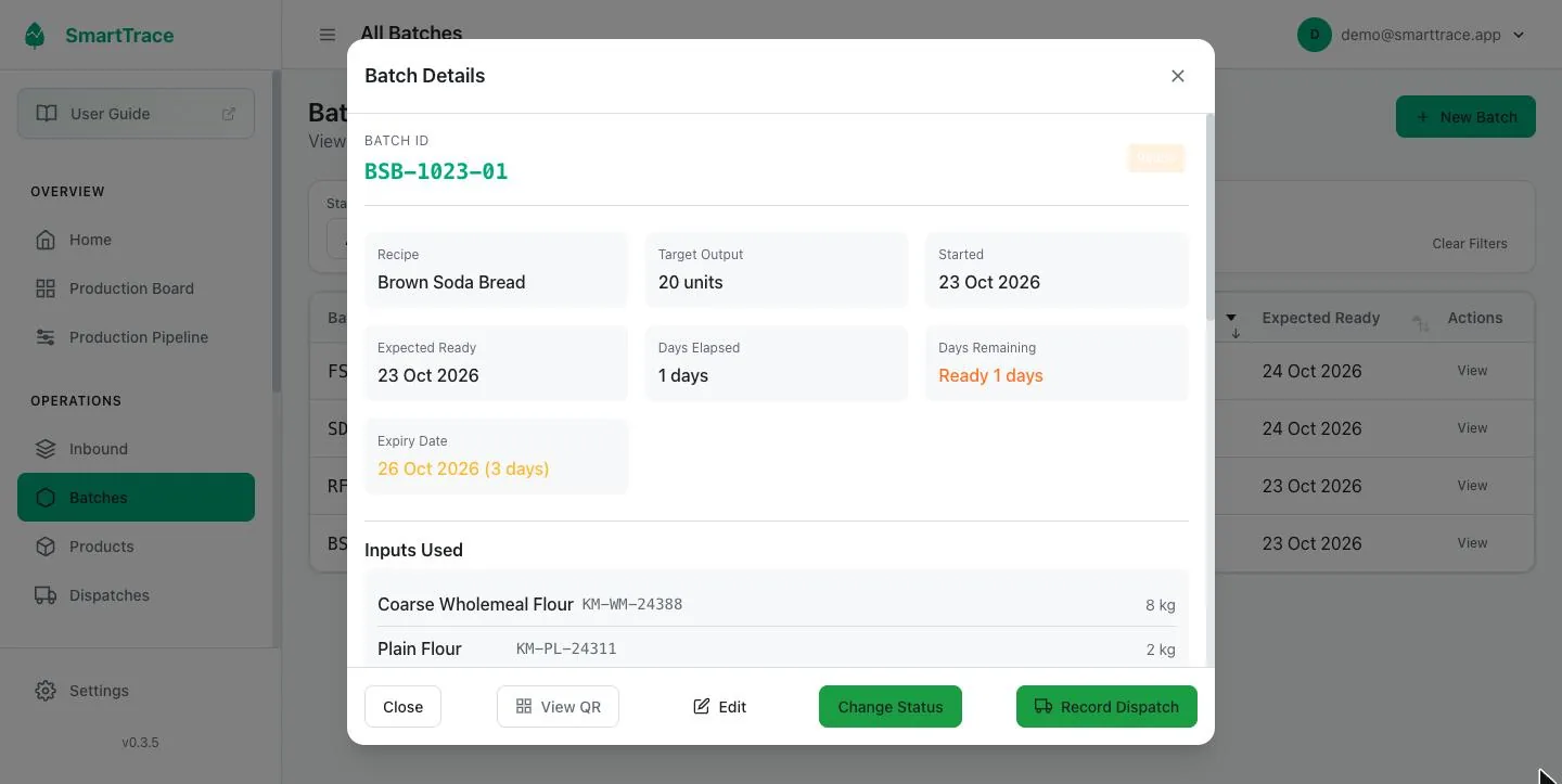 Batch detail on the desktop showing the recipe, target output, dates and the deliveries used