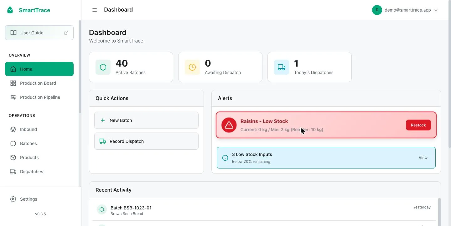 SmartTrace desktop screen relevant to small batch coffee roasters