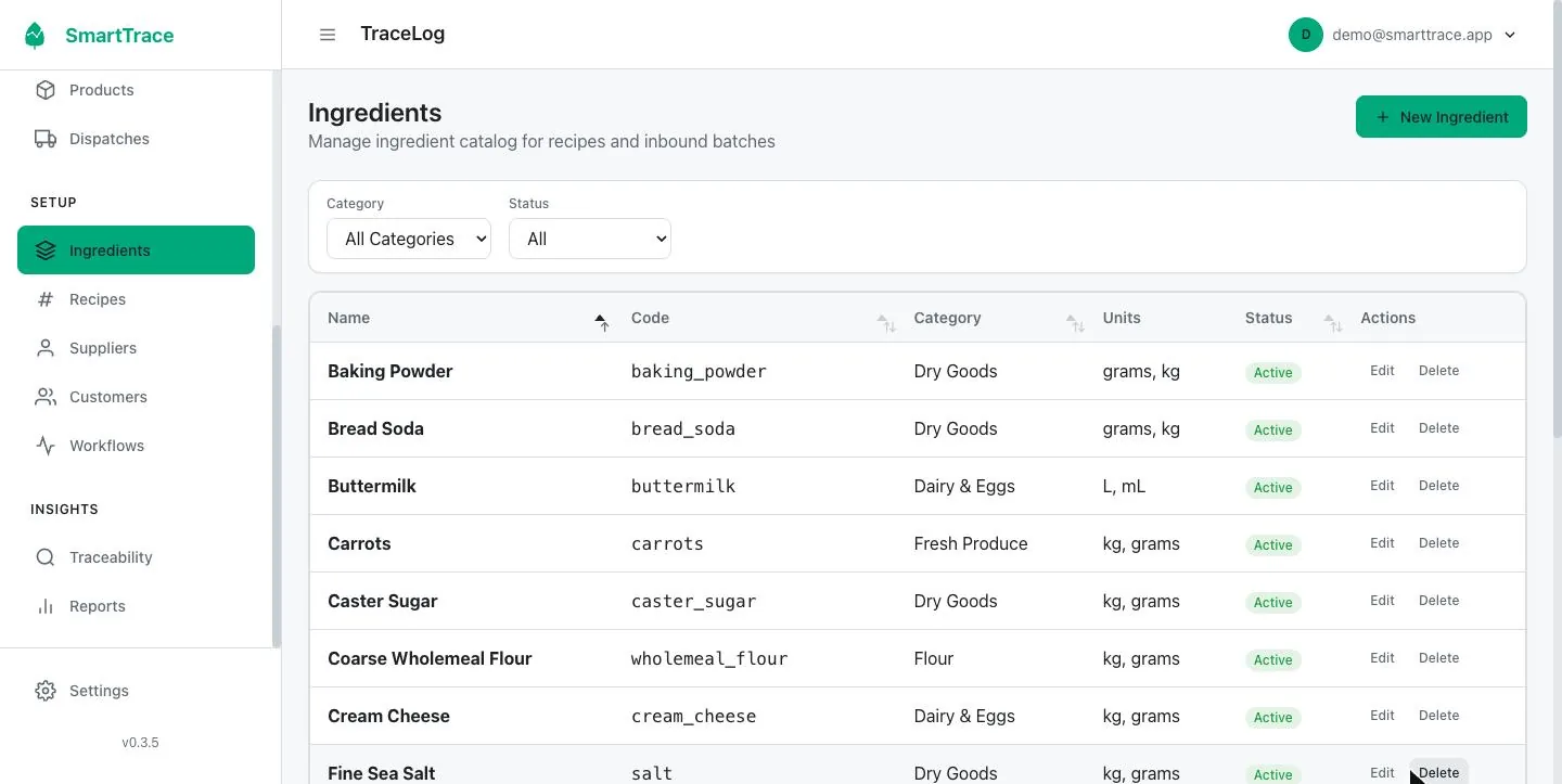 SmartTrace desktop screen relevant to granola, energy bar and protein ball makers