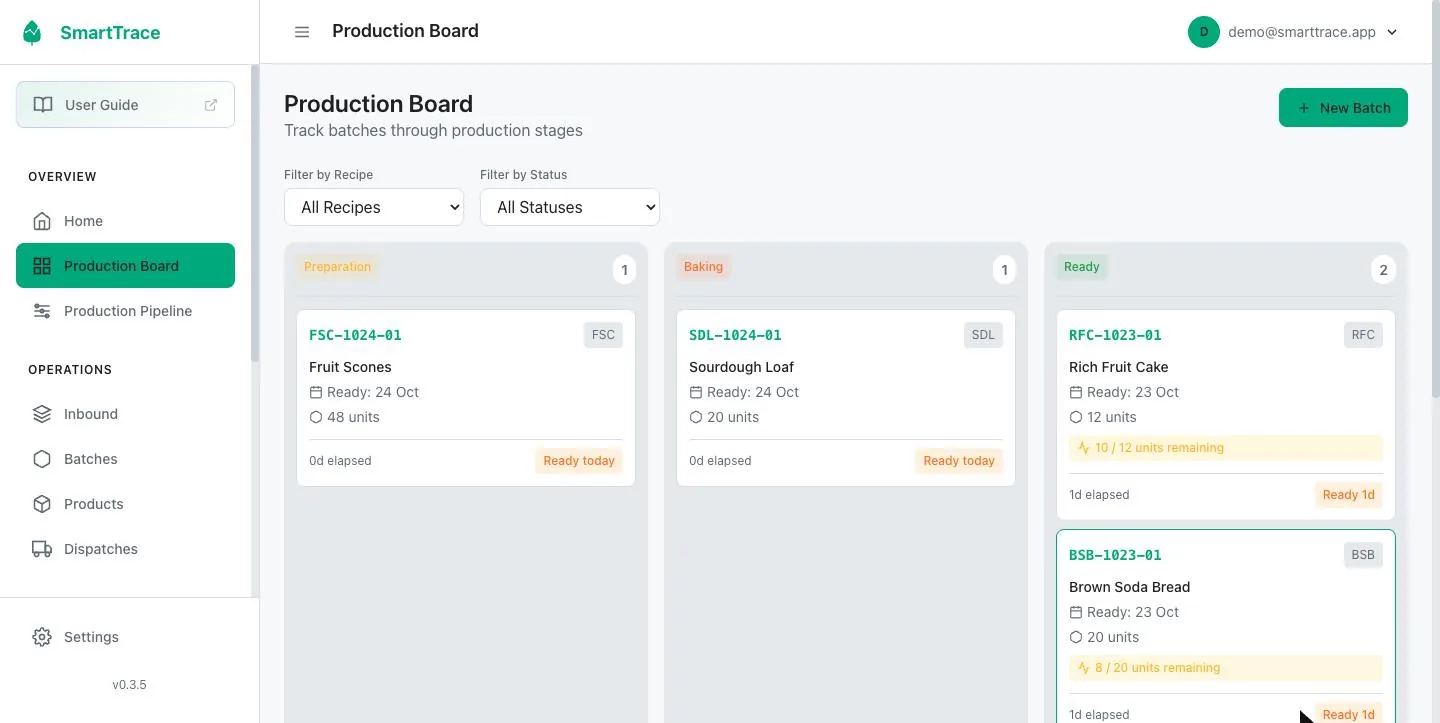 SmartTrace desktop screen relevant to artisan bakeries and micro bakeries