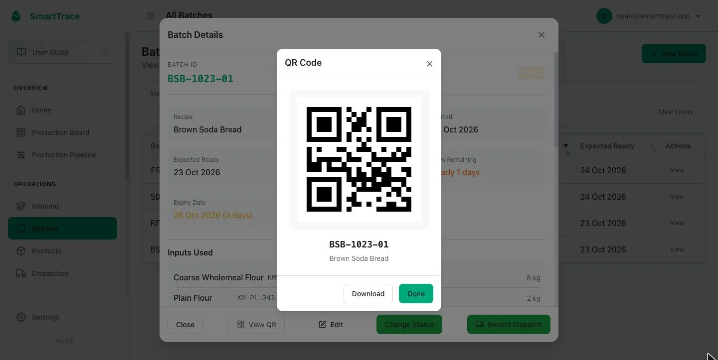 A batch QR code shown on screen with download option