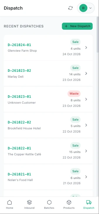 Dispatch list on the phone showing sales to customers and one waste record
