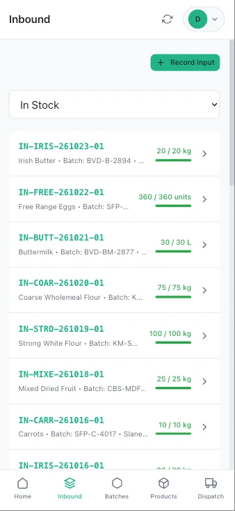Phone deliveries list with stock bars