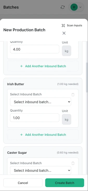SmartTrace phone app screen relevant to artisan bakeries and micro bakeries