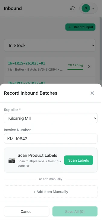 Recording a delivery on the phone, with the supplier chosen, an invoice number and a Scan Labels button